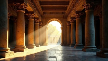 Soft sunlight filters through temple entrance, passage, beams