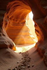 Warm light pours into the cave through a narrow opening in sandstone wall, natural, sand, archway
