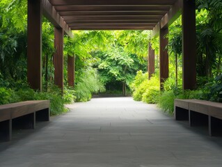 Serene Canopied Pathway Surrounded by Lush Greenery at a Tranquil Zoo Environment