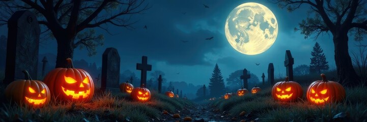 Fototapeta premium Cemetery under full moon with glowing pumpkins, eerie, autumn