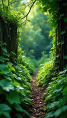 Fototapeta premium Dense thicket of weeds growing in a neglected garden, entwined, vines