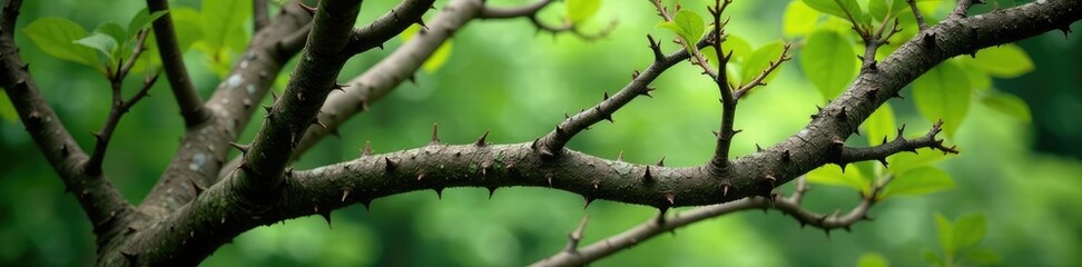 Dense thorny branches intertwined with tree limbs, landscape, greenery