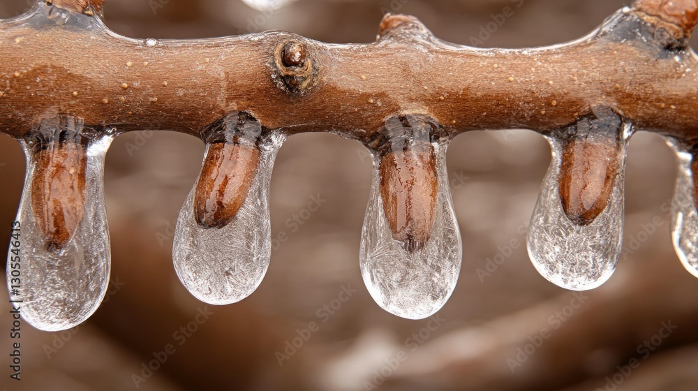 Poster A close up of a branch covered in ice and frozen