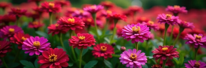 Densely packed Zinnia Elegans flowers in garden bed, garden, purple, red