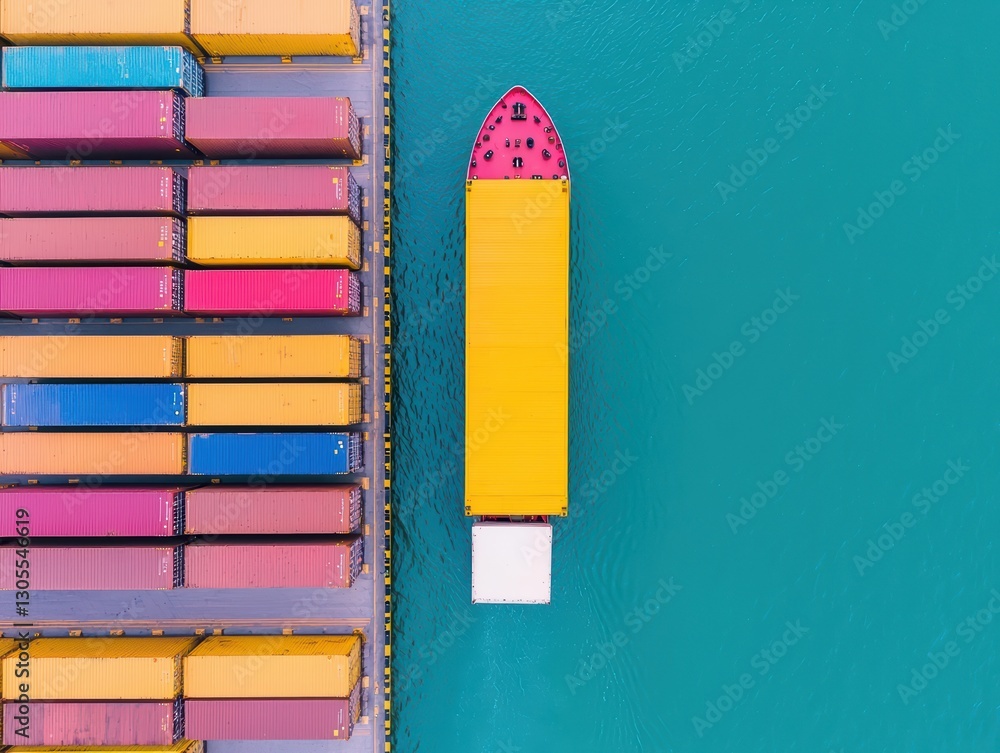 Poster container truck loading unloading operations at shipping port with colorful cargo containers
