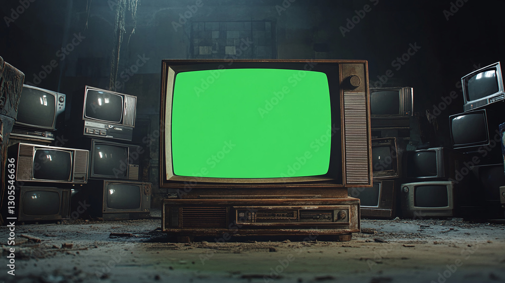 Poster artistic 3d rendered tv monitor in front of stack old classics television with green screen random p