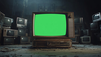 artistic 3d rendered tv monitor in front of stack old classics television with green screen random positions in empty room dynamic composition cinematic lighting video element chroma key video element