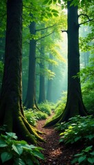 Fototapeta premium Dense forest foliage surrounds ancient tree trunks, serene, nature, forest