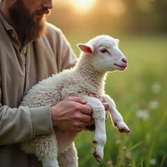 Naklejka premium Close-up of a shepherd holding an Easter lamb in a green meadow, bathed in soft spring light, symbolizing care and protection.