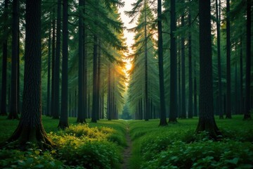 Obraz premium Dense forest with tall trees and underbrush at dusk, greenery, dusk