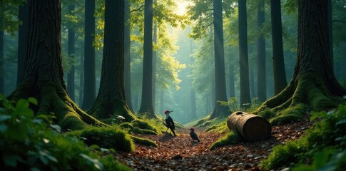 dense forest with towering trees and fallen logs, nature, woodpeckers, wood