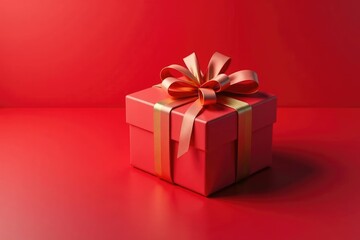 Obraz premium Gift box on red background with Christmas theme, gift, ribbons, bows