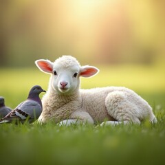 Fototapeta premium Close-up of an Easter lamb resting in a field with doves nearby, surrounded by soft sunlight in a peaceful spring setting.