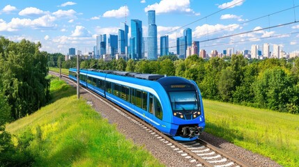 Fototapeta premium Electric Passenger Train Driving at High Speed through Scenic Urban Landscape