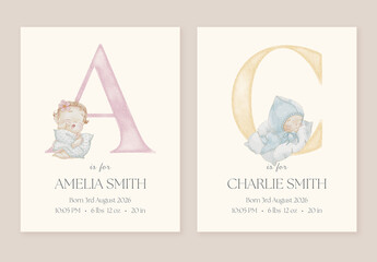Personalized baby name poster with sleeping boy and girl with pillows. Editable Letter Monogram. Perfect for nursery decor, birth metrics, and newborn gifts. Watercolor style with soft pastel tones.