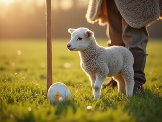 Fototapeta premium A shepherd with a wooden staff standing beside an Easter lamb in a grassy field, bathed in soft sunlight, creating a peaceful rural atmosphere.