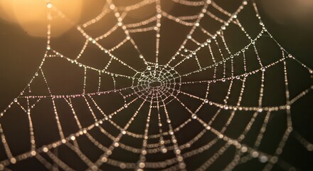 Obraz premium Close-up of Spiderweb with Water Droplets Glistening in Soft Sunlight