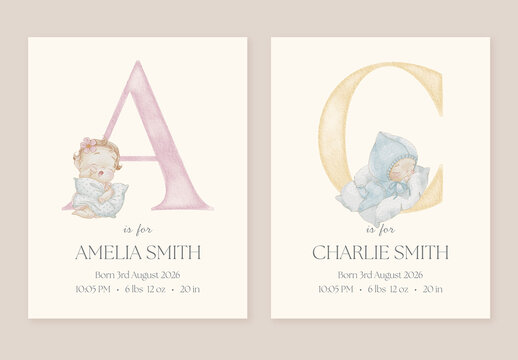 Personalized baby name poster with sleeping boy and girl with pillows. Editable Letter Monogram. Perfect for nursery decor, birth metrics, and newborn gifts. Watercolor style with soft pastel tones.
