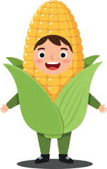 A cheerful child dressed in a corn costume with vibrant colors in a playful, cartoon style vector art