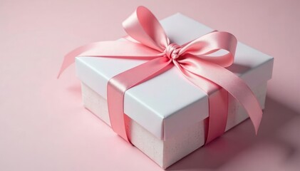 Obraz premium Soft pink ribbon wrapped around a pastel gift box, lace, wrapping paper