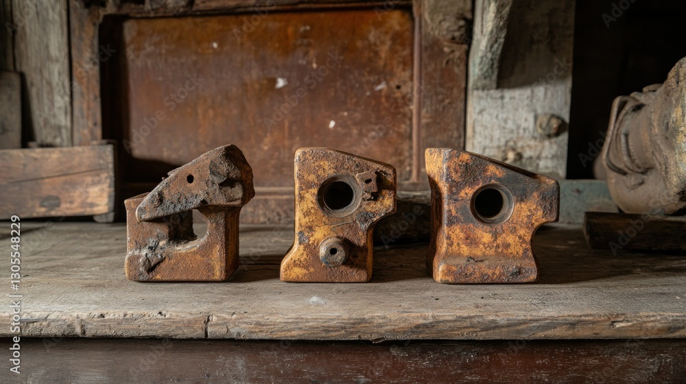 Poster three metal blocks are displayed in front of a wooden background