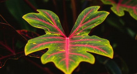 Close Up of a Vibrant Exotic Leaf with Red Veins and Green Tones
