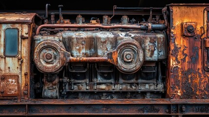 A heavily corroded and rusty metal engine of considerable size