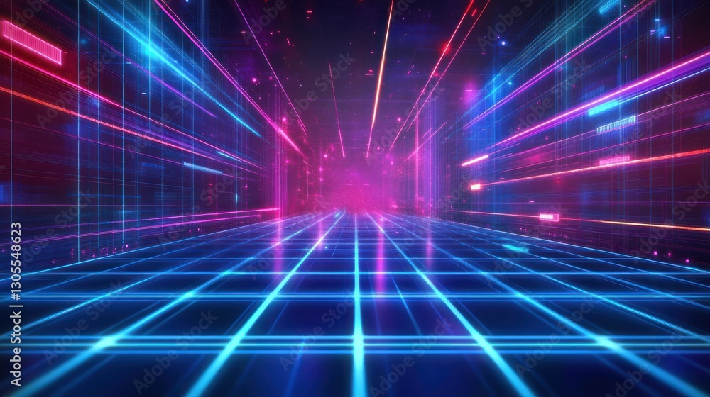 Poster Colorful neon lights creating a digital grid in a tunnel