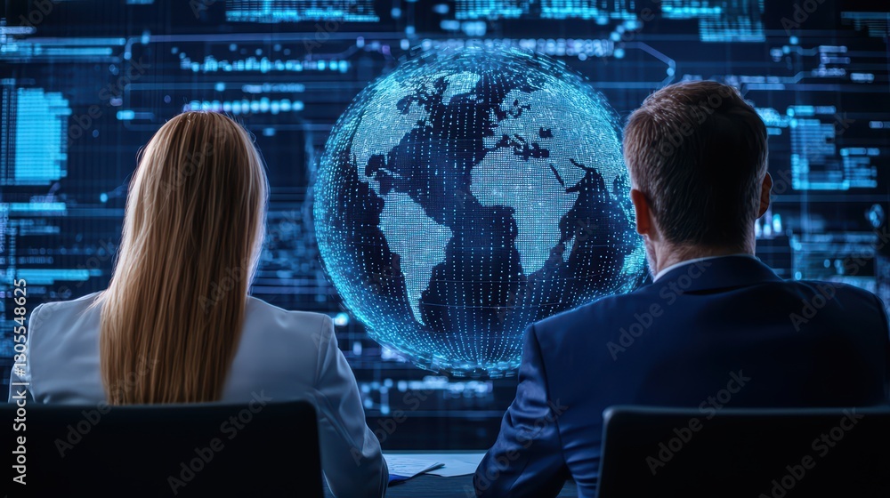 Poster business team collaborating on technology solutions with digital globe and data visualization