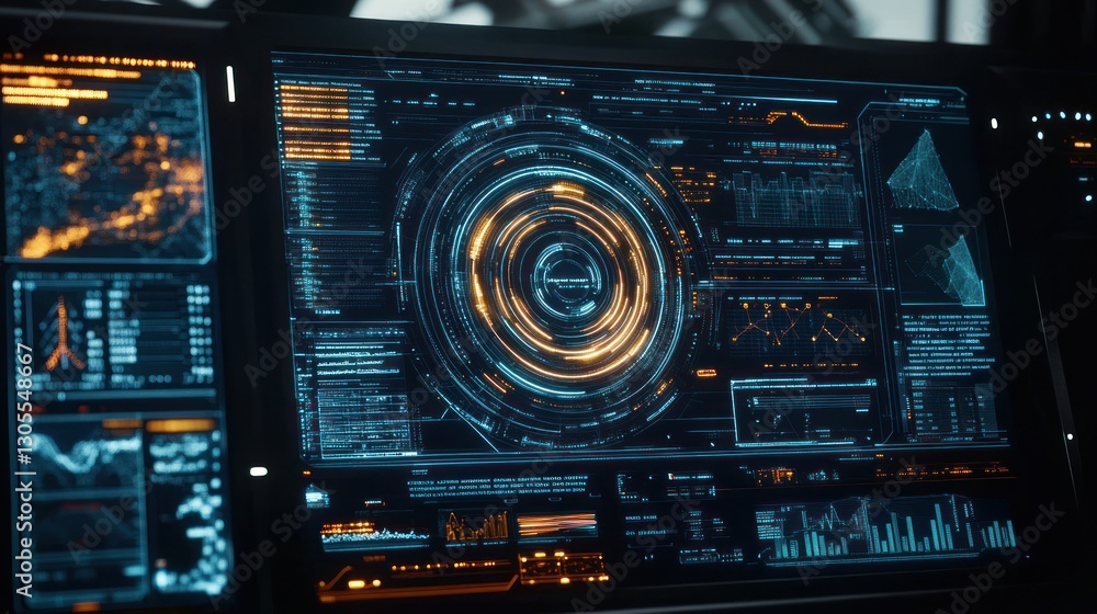 Poster Futuristic computer screens with data visualization and user interfaces