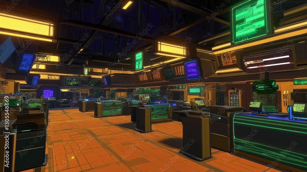 Poster Interior view of a futuristic trading floor with displays and computers