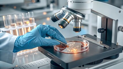 Laboratory experiment with microscope and petri dish manipulation. Created with AI