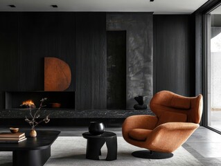 Interior design depicts a modern living room with warm tones and dark wood