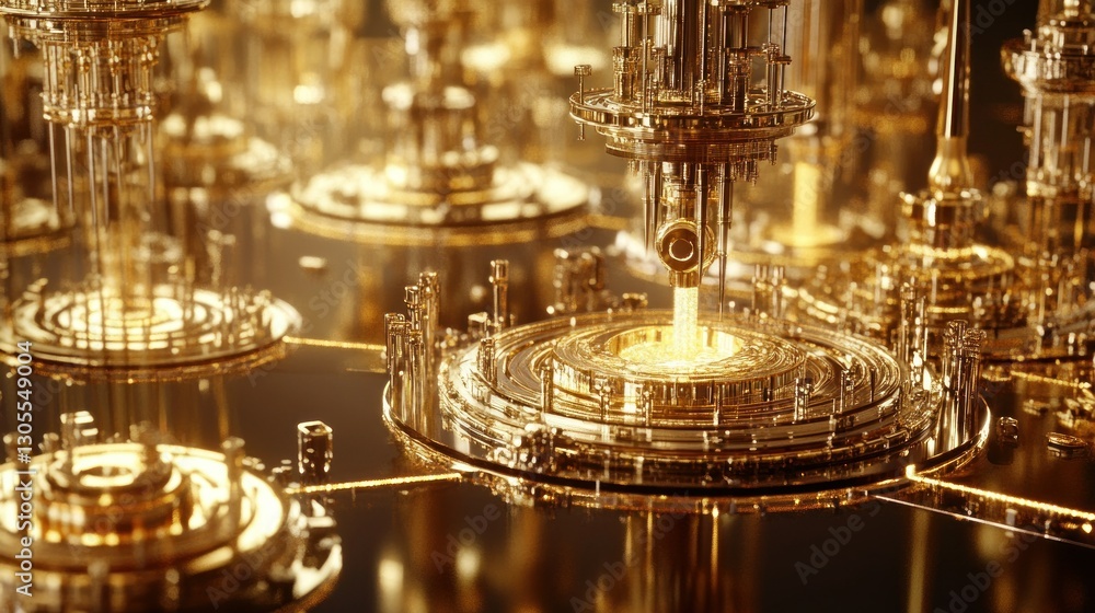 Poster Golden metallic intricate structures are arranged on a complex golden surface