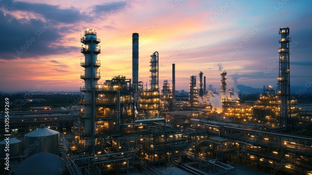 Poster an industrial refinery during the evening with illuminated structures is shown