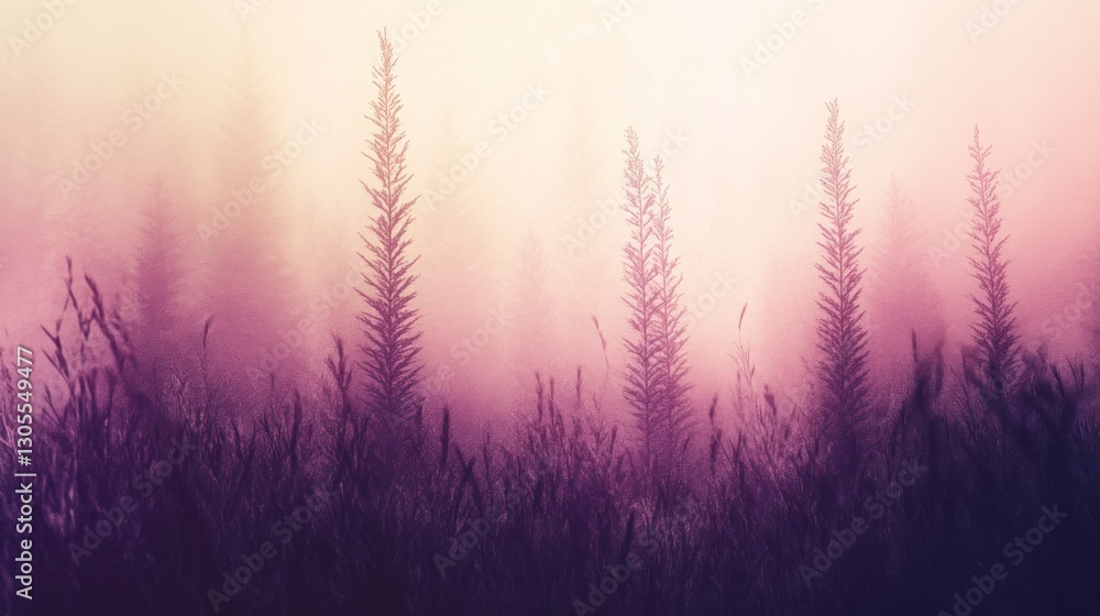 Poster purple plants and foggy forest create a serene atmospheric scene