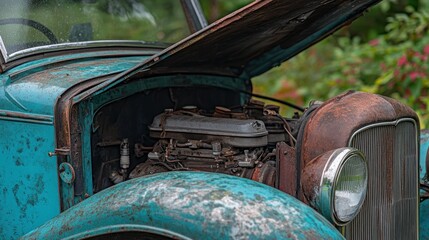 A rusty old classic car shows its weathered engine bay
