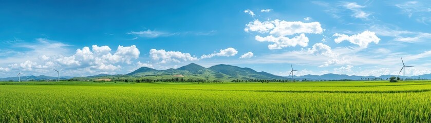 Fototapeta premium Vast Green Landscape with Turbines for Renewable Energy Production and Clean Electricity Generation