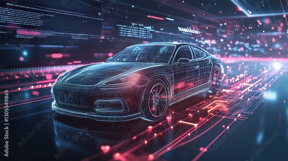 Poster futuristic representation of a vehicle immersed in digital information