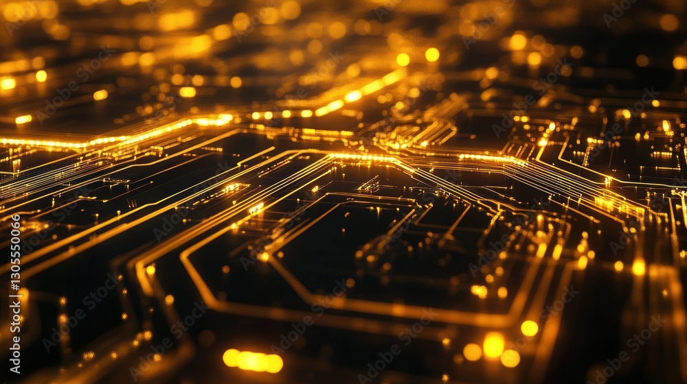 Poster abstract golden illuminated circuitry represents digital technology connections clearly depicted