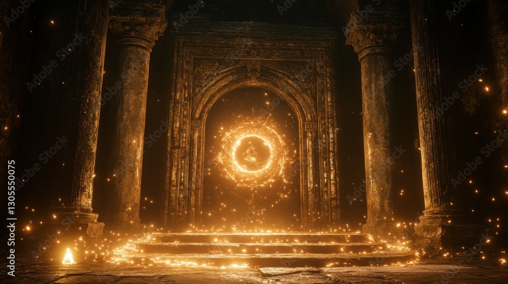Poster ornate doorway with glowing portal surrounded by particles and columns