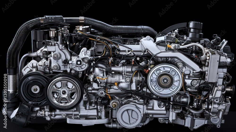 Poster a detailed view of a complex car engine mechanism