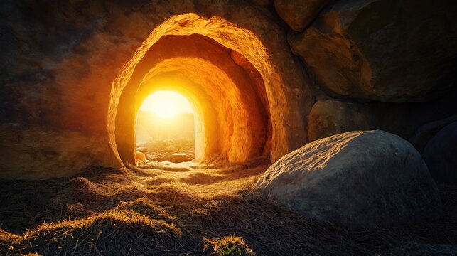 Golden light illuminating an empty tomb entrance with large stone rolled aside. Hopeful and symbolic, strong contrast banner with copy space. Easter morning concept.