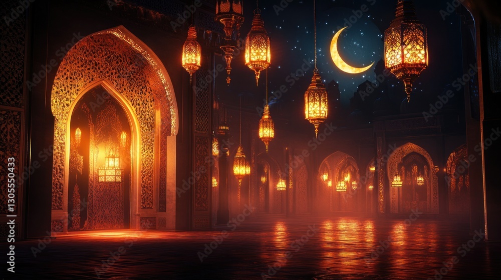 Poster beautiful lanterns hanging in an illuminated ancient building