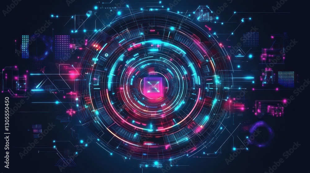 Poster a futuristic glowing circular design depicting technological and digital elements