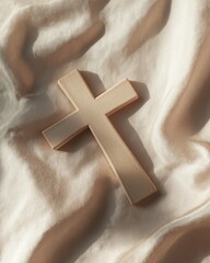 Simple wooden cross lying on smooth, neutral colored fabric with soft shadows. Elegant and minimalist flat lay. Good Friday concept.