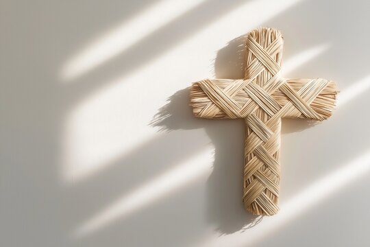 Minimalist composition of handmade cross made from woven palm leaves, placed on neutral background with soft diffused light with copy space. Symbolic and simple. Good Friday concept.