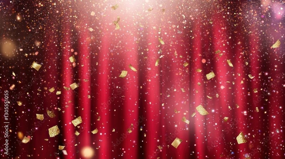 Poster red curtains with golden confetti falling towards the viewer