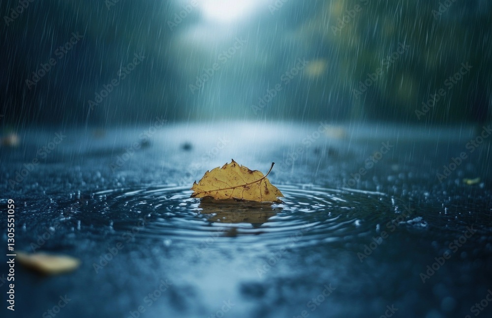 Poster a leaf floating in the rain, on an empty street, with ripples forming around it. the background is b
