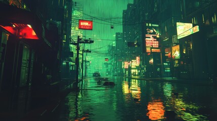 A rainy futuristic city street bathed in green neon lights